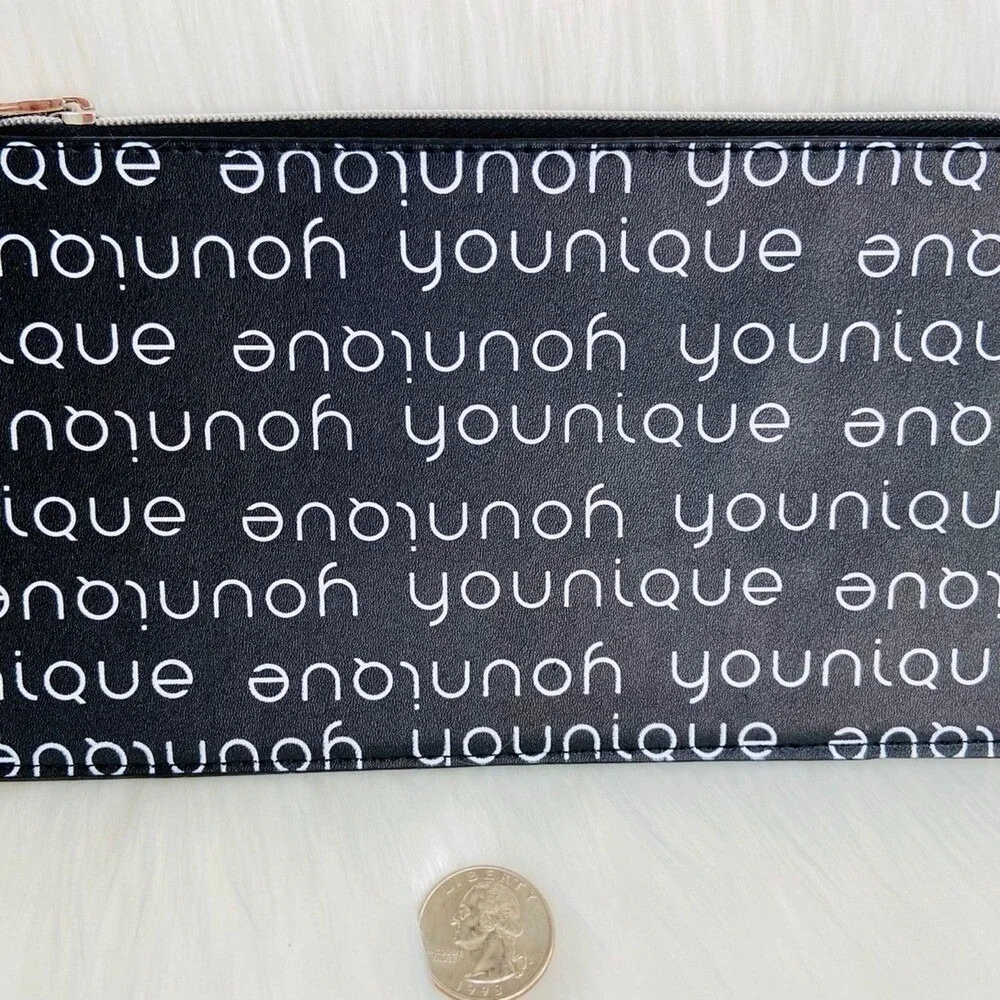 Younique Black White Logo Print Zipper Pouch Makeup Bag Cosmetic Clutch Slim